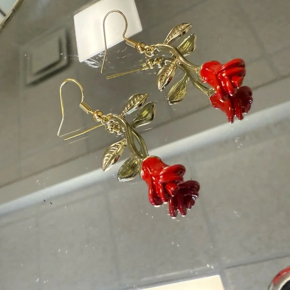 Beauty & The Beast Disney Red Rose Dangle Earrings - Picture 3 of 4